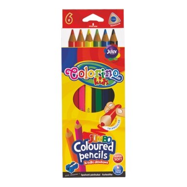 Spalvoti pieštukai, tribiriauniai COLORINO JUMBO pieštukai su drožtuku, 6 vnt. Spalvoti pieštukai, tribiriauniai COLORINO JUMBO pieštukai su drožtuku, 6 vnt.