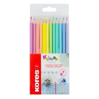 Spalvoti pieštukai KORES KOLORES PASTEL, tribriauniai, 3mm, 12 pastelinių spalvų 1