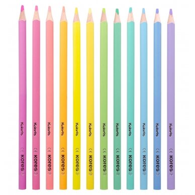 Spalvoti pieštukai KORES KOLORES PASTEL, tribriauniai, 3mm, 12 pastelinių spalvų 2