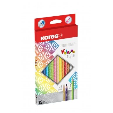 Spalvoti pieštukai KORES KOLORES STYLE, tribriauniai, 3mm, 15 spalvų (2 metalizuotos spalvos ir 1 neoninė) 1
