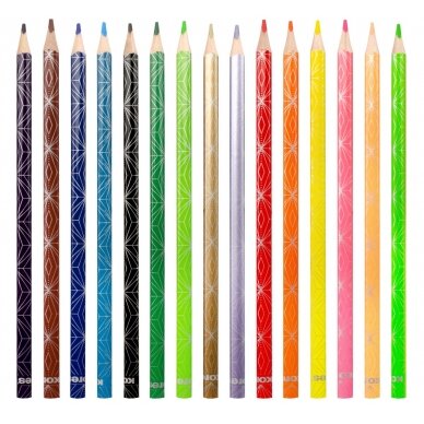 Spalvoti pieštukai KORES KOLORES STYLE, tribriauniai, 3mm, 15 spalvų (2 metalizuotos spalvos ir 1 neoninė) 2