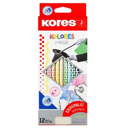 Spalvoti pieštukai KORES KOLORES MAGIK, tribriauniai, 3mm, ištrinami, 12 spalvų + trintukas