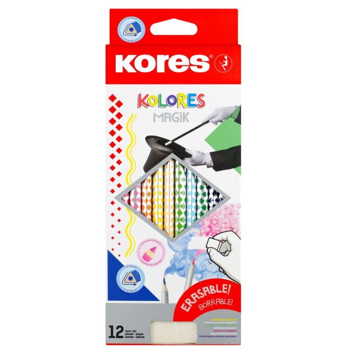 Spalvoti pieštukai KORES KOLORES MAGIK, tribriauniai, 3mm, ištrinami, 12 spalvų + trintukas