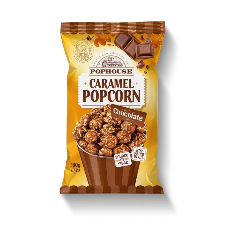 Spragėsiai POPHOUSE, su karamele ir šokoladu, 180 g Spragėsiai POPHOUSE, su karamele ir šokoladu, 180 g