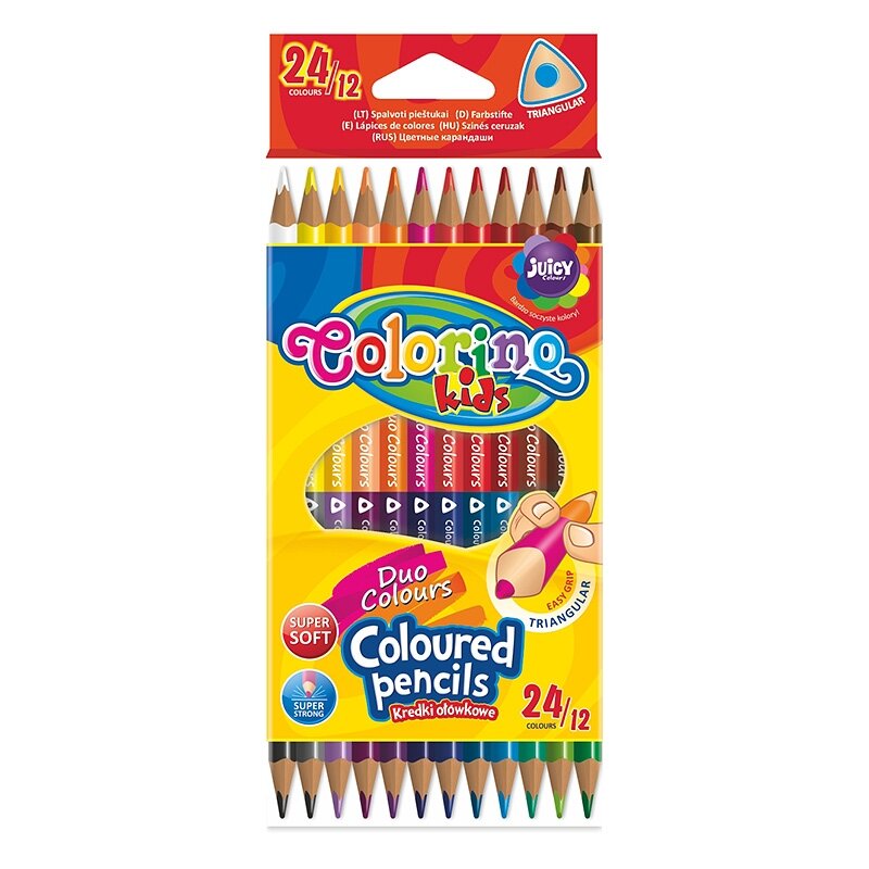 Spalvoti pieštukai dvipusiai, tribriauniai, COLORINO, 12 vnt., 24 spalvų. Spalvoti pieštukai dvipusiai, tribriauniai, COLORINO, 12 vnt., 24 spalvų.