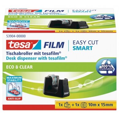 Stalinis lipnios juostelės dėklas TESA Easy Cut Smart su Tesafilm ekologiška ir skaidria juostele, 15mm x 10m 1