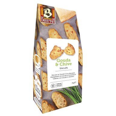 Sūrio sausainiai BUITEMAN, su brandintu Gouda sūriu ir svogūnų laiškais, 75 g Sūrio sausainiai BUITEMAN, su brandintu Gouda sūriu ir svogūnų laiškais, 75 g