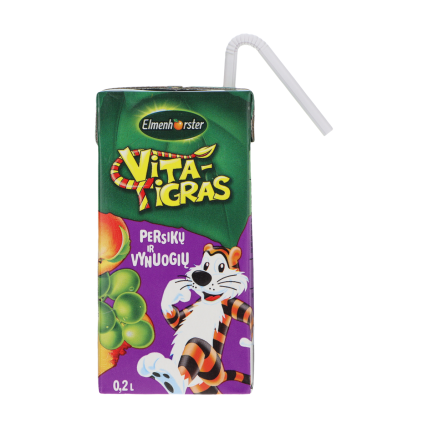 Sulčių gėrimas, ELMENHORSTER Vita Tigras, Persikų - vynuogių, 200 ml Sulčių gėrimas, ELMENHORSTER Vita Tigras, Persikų - vynuogių, 200 ml