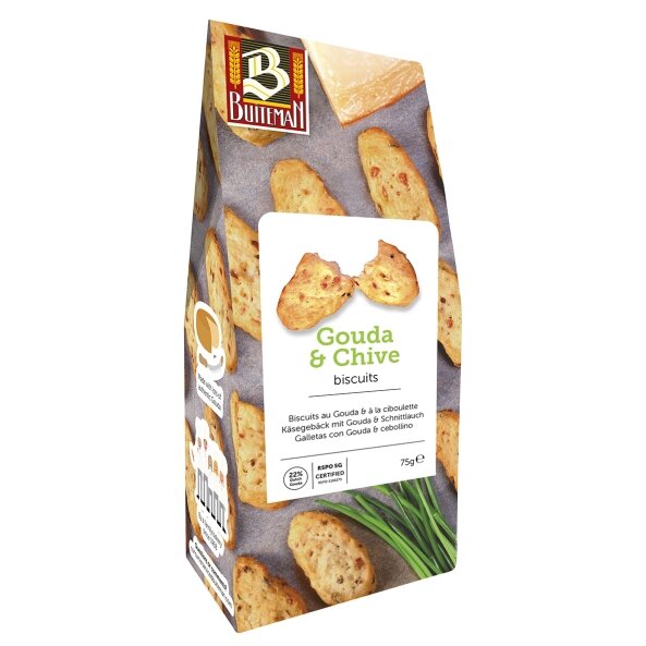 Sūrio sausainiai BUITEMAN, su brandintu Gouda sūriu ir svogūnų laiškais, 75 g
