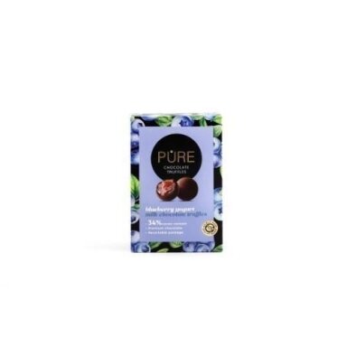 Tamsaus šokolado triufeliai PURE su mėlynių jogurto kremo įdaras 148g Tamsaus šokolado triufeliai PURE su mėlynių jogurto kremo įdaras 148g