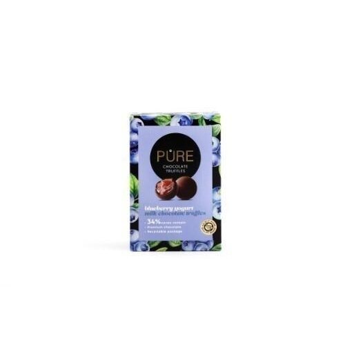 Tamsaus šokolado triufeliai PURE su mėlynių jogurto kremo įdaras 148g Tamsaus šokolado triufeliai PURE su mėlynių jogurto kremo įdaras 148g