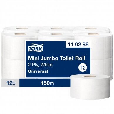 Tualetinis popierius Tork Universal Mini Jumbo T2, 2 sl., 9.1cm x 150m, balta sp. (110298) 1