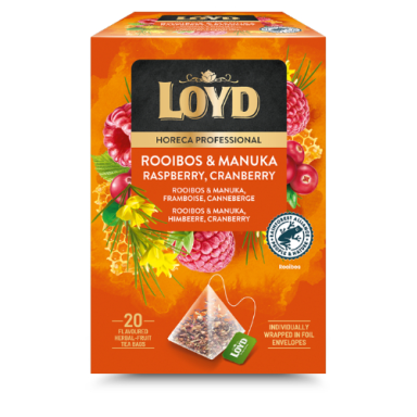 Vaisinės arbatos gėrimas LOYD Rooibos su manuka medumi avietėmis ir spanguolėmis, piramidė,20 x 1,7g Vaisinės arbatos gėrimas LOYD Rooibos su manuka medumi avietėmis ir spanguolėmis, piramidė,20 x 1,7g