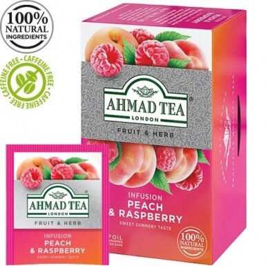 Vaisių ir žolelių arbatos mišinys AHMAD „Persikų ir aviečių“, 20 arbatos maišelių folijoje