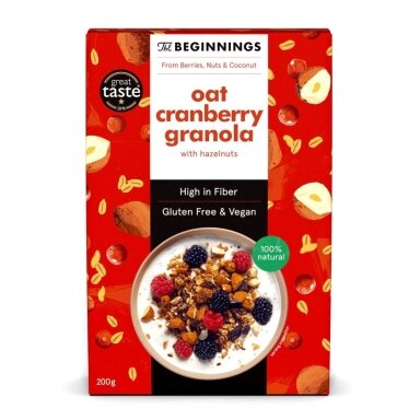 Veganiška avižinė granola THE BEGINNINGS, su spanguolėmis, 200 g Veganiška avižinė granola THE BEGINNINGS, su spanguolėmis, 200 g