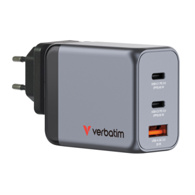 Verbatim 32201 GaN Įkroviklis 65W 3-Port, USB-A/USB-C, EU/UK/US Plug, Pilka/Juoda Verbatim 32201 GaN Įkroviklis 65W 3-Port, USB-A/USB-C, EU/UK/US Plug, Pilka/Juoda