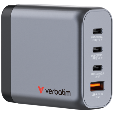 Verbatim 32203 GaN Įkroviklis 140W 4-Port, USB-A/USB-C, EU/UK/US Plug, Pilka/Juoda Verbatim 32203 GaN Įkroviklis 140W 4-Port, USB-A/USB-C, EU/UK/US Plug, Pilka/Juoda