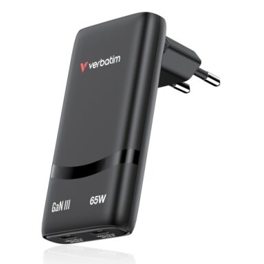 Verbatim 32354 Fold 'n' Go GaN Įkroviklis 65W 2-Port, USB-C, EU Plug, Juoda Verbatim 32354 Fold 'n' Go GaN Įkroviklis 65W 2-Port, USB-C, EU Plug, Juoda