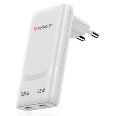 Verbatim 32355 Fold 'n' Go GaN Įkroviklis 65W 2-Port, USB-C, EU Plug, Balta Verbatim 32355 Fold 'n' Go GaN Įkroviklis 65W 2-Port, USB-C, EU Plug, Balta