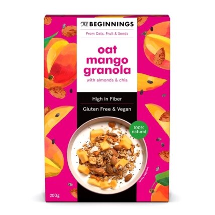 Veganiška avižinė granola THE BEGINNINGS, su mangais, 200 g Veganiška avižinė granola THE BEGINNINGS, su mangais, 200 g
