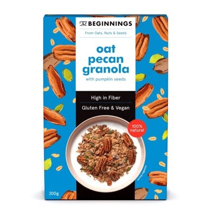 Veganiška avižinė granola THE BEGINNINGS, su pekano riešutais, 200 g Veganiška avižinė granola THE BEGINNINGS, su pekano riešutais, 200 g