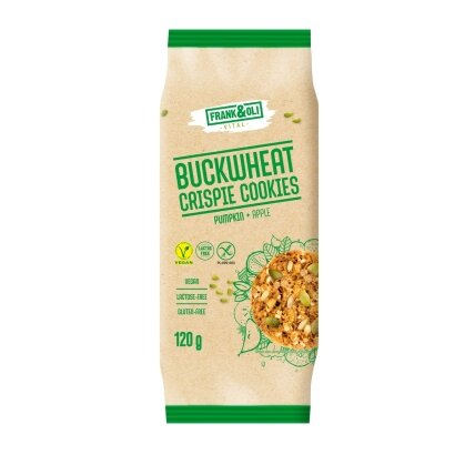 Veganiški grikių sausainiai FRANK&OLI, su moliūgais ir obuoliais, 120g Veganiški grikių sausainiai FRANK&OLI, su moliūgais ir obuoliais, 120g