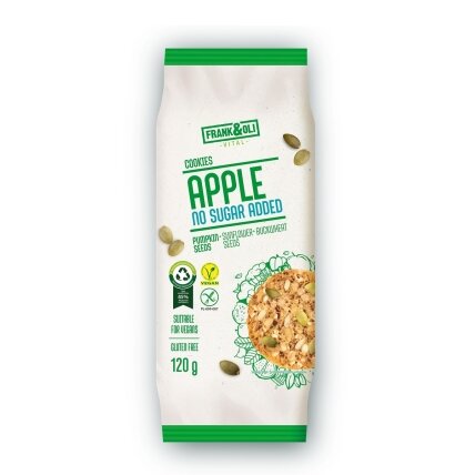 Veganiški obuolių sausainiai FRANK&OLI, su moliūgų sėklomis, saulėgrąžomis ir grikiais,120g Veganiški obuolių sausainiai FRANK&OLI, su moliūgų sėklomis, saulėgrąžomis ir grikiais,120g