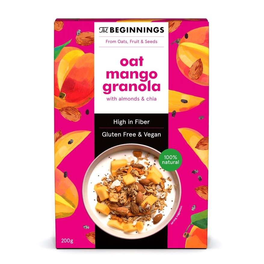 Veganiška avižinė granola THE BEGINNINGS, su mangais, 200 g Veganiška avižinė granola THE BEGINNINGS, su mangais, 200 g