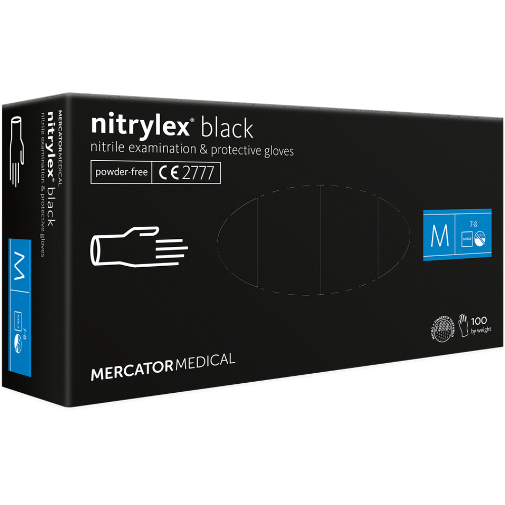Vienkartinės pirštinės NITRYLEX PF, nitrilinės, nepudruotos, juodos spalvos, M, 100 vnt.