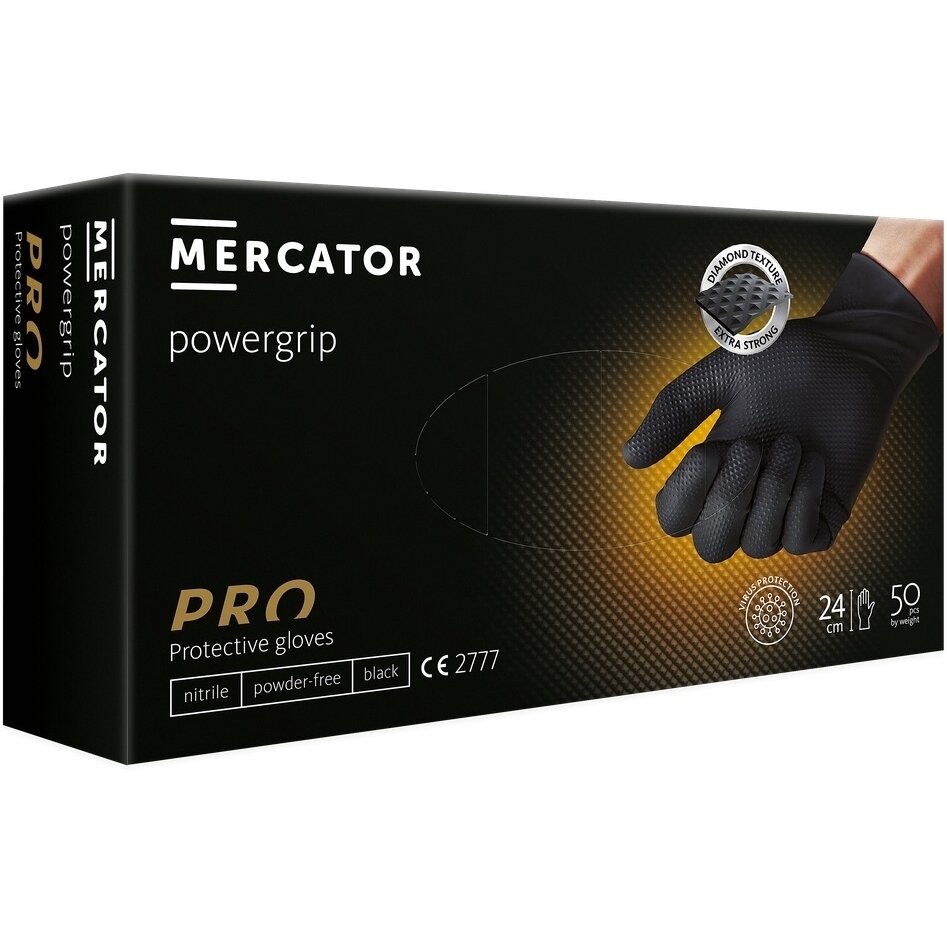 Viekartinės pirštinės MERCATOR Powergrip, nitrilinės, juodos, L dydis, 50 vnt 1