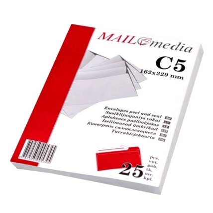 Vokai su juostele C5, 162x229 mm, be langelio, 25 vnt. Vokai su juostele C5, 162x229 mm, be langelio, 25 vnt.