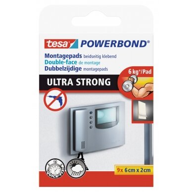 Ypač stiprios dvipusio lipnumo pagalvėlės TESA Powerbond Ultra Strong, 20mm x 0,6m, 9 vnt.
