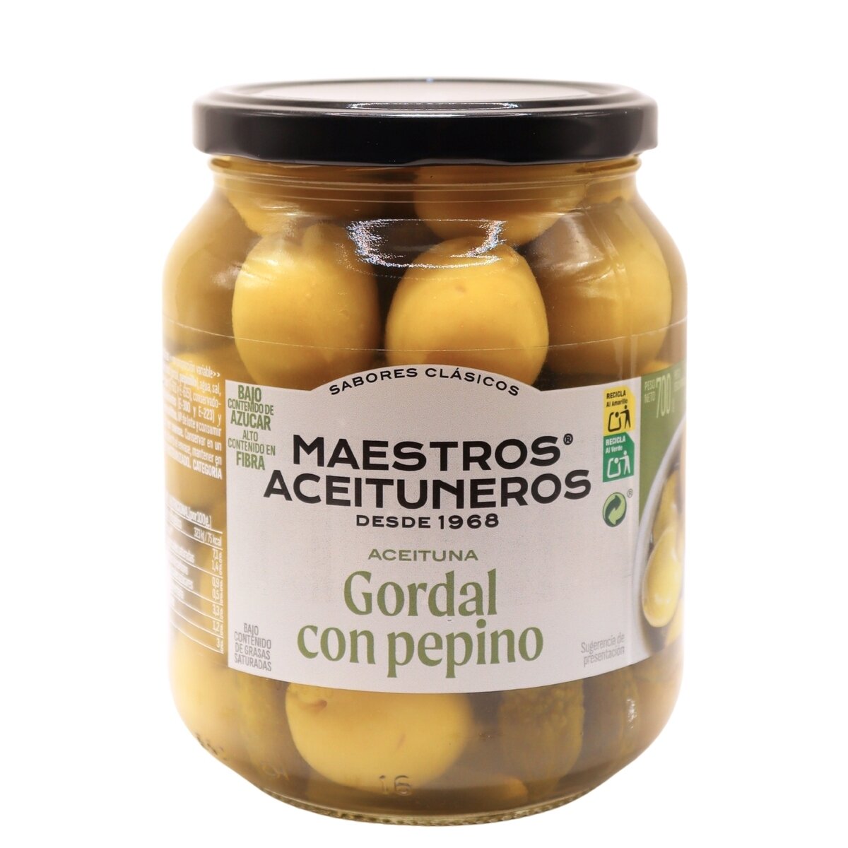 Žaliosios alyvuogės Gordal be kauliukų, MAESTROS ACEITUNEROS, su marinuotais agurkėliais, 700/300 g Žaliosios alyvuogės Gordal be kauliukų, MAESTROS ACEITUNEROS, su marinuotais agurkėliais, 700/300 g