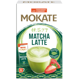 Žaliosios arbatos gėrimas MOKATE Matcha latte su braškėmis, 6 x 14g Žaliosios arbatos gėrimas MOKATE Matcha latte su braškėmis, 6 x 14g