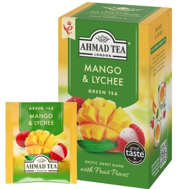 Žalioji arbata AHMAD Alu Mango & Lychee, 20 arbatos pakelių x 2 g Žalioji arbata AHMAD Alu Mango & Lychee, 20 arbatos pakelių x 2 g