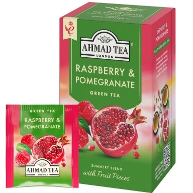 Žalioji arbata AHMAD GREEN Raspberry & Pomegranate, 20 vokelių su siūlu Žalioji arbata AHMAD GREEN Raspberry & Pomegranate, 20 vokelių su siūlu