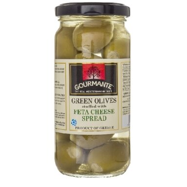 Žaliosios alyvuogės GOURMANTE, įdarytos feta, alyvuogių aliejuje, 244 g