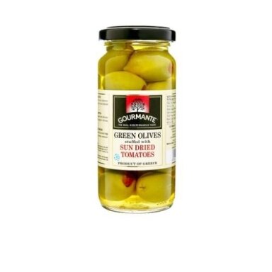 Žaliosios alyvuogės GOURMANTE, įdarytos saulėje džiovintais pomidorais, sūryme, 227 g/127 g