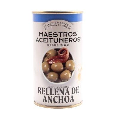 Žaliosios alyvuogės MAESTROS ACEITUNEROS, įdarytos ančiuvių filė, 350 /150 g Žaliosios alyvuogės MAESTROS ACEITUNEROS, įdarytos ančiuvių filė, 350 /150 g
