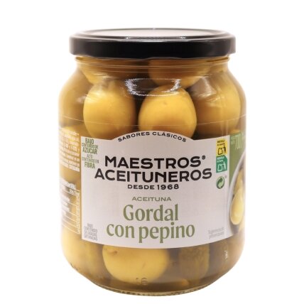 Žaliosios alyvuogės Gordal be kauliukų, MAESTROS ACEITUNEROS, su marinuotais agurkėliais, 700/300 g Žaliosios alyvuogės Gordal be kauliukų, MAESTROS ACEITUNEROS, su marinuotais agurkėliais, 700/300 g