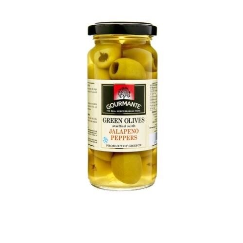 Žaliosios alyvuogės GOURMANTE, įdarytos jalapenais, sūryme, 227 g /127 g Žaliosios alyvuogės GOURMANTE, įdarytos jalapenais, sūryme, 227 g /127 g