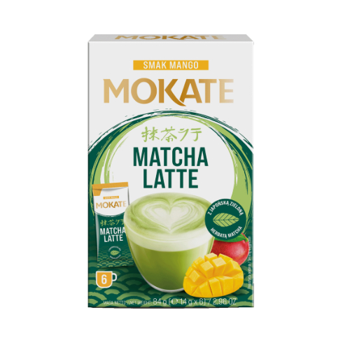 Žaliosios arbatos gėrimas MOKATE latte matcha ir mango skonio, 6 x 14g Žaliosios arbatos gėrimas MOKATE latte matcha ir mango skonio, 6 x 14g