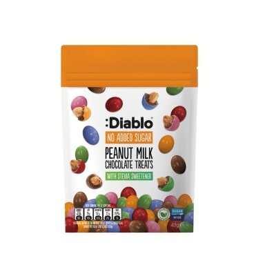 Žemės riešutų skanėstai, padengti pieniniu šokoladu, DIABLO, be pridėtinio cukraus, 40g Žemės riešutų skanėstai, padengti pieniniu šokoladu, DIABLO, be pridėtinio cukraus, 40g